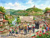 Празник 24 май в България: Шествие на просветата и писмеността с ученици, икони и знамена в исторически град.