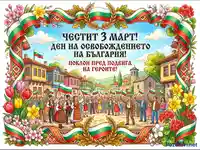3 март: Ден на Освобождението на България. Патриотична илюстрация с хора, знамена и традиционни мотиви.