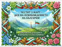 Честит 3 март! Ден на Освобождението на България. Почит към героите с планински пейзаж, паметник и национални символи.