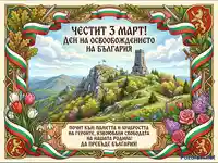 Честит 3 март! Паметник на Свободата на Шипка, обграден от български знамена и пролетни цветя.