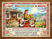8 март картичка с българка и деца в народни носии, пролетен пейзаж и традиционни шевици.