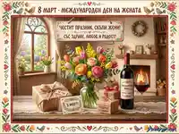 8 март: Празнична картичка с букет, подаръци и вино за Международния ден на жената.