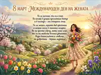 8 март: Празнична картичка с усмихната жена, букет цветя и пролетен пейзаж. Поздрав за Международния ден на жената.