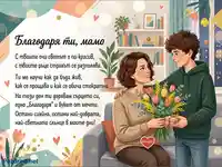 Благодарност към майка: син подарява цветя и подарък в уютна обстановка.