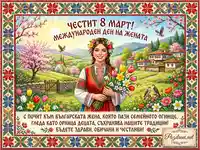 Честит 8 март! Картичка с българка в носия, пролетни цветя и традиционен пейзаж.