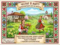 Честит 8 март! Картичка с български носии, пролетен пейзаж и пожелания за Международния ден на жената.