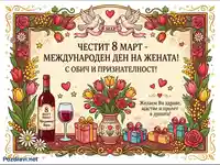 Честит 8 март! Празнична картичка с цветя, подаръци и вино за Международния ден на жената.