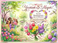 Честит 8-ми Март: Празнична картичка с усмихнати жени, пролетни цветя и сърдечни пожелания.