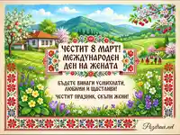 Празнична картичка за 8 март с български пейзаж, народни мотиви и пролетни цветя