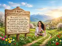 Празнична картичка за 8 март: Усмихната жена в носия сред пролетни цветя и планини.