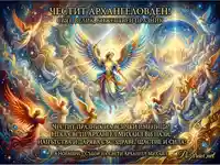 Величествено изображение на Архангел Михаил и ангели, празнуващи Архангеловден на 8 ноември, с пожелания за здраве и сила.