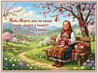 Баба Марта седи на пейка в цъфнала ливада и плете мартеници