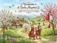 Пъстра картичка за Баба Марта с цъфнали дървета, традиционни къщи, планини и селска църква
