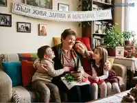 Баба и внуци празнуват Бабинден с любов и усмивки в уютен дом.