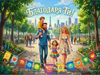 Баща, майка и две деца – разхождащи се в оживен градски парк