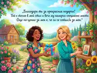 Благодарност за подарък в красива градина. Приятелки споделят радост и признателност сред цветя и уют.