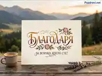 Благодарствена картичка "БЛАГОДАРЯ" сред планински пейзаж, кафе и лавандула.