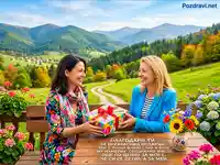 Благодарствена картичка: Приятелки си разменят подарък на фона на красив есенен планински пейзаж.