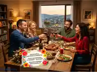 Приятели на празнична вечеря с вино и залез, с благодарствена картичка за гостоприемство.