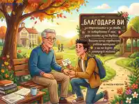 Признателност към учители: Ученик благодари на ментор в есенен пейзаж с училище и послание.