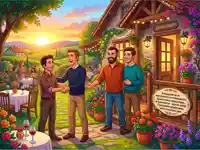 Радостно събиране в живописна винарна, празнуващо приятелство и гостоприемство на залез слънце.