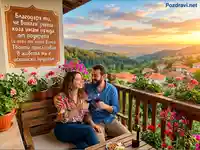 Романтична вечеря на тераса с планински изглед и послание за любов.