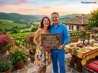 Щастлива двойка благодари за гостоприемството на тераса с лозя и залез. Празнична маса с храна и вино.