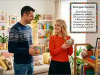 Щастлива двойка си разменя подаръци в уютна домашна обстановка, изразявайки благодарност.