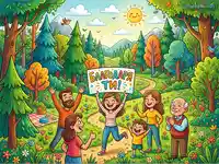 Жизнерадостна горска сцена с щастливи хора на открито