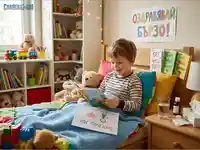Момче чете книга в леглото си, заобиколено от играчки и пожелания за бързо оздравяване.