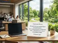 Офис с послание за възстановяване до колега, на фона на зелен парк.