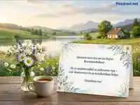 Поздравителна картичка с пожелание за бързо възстановяване на фона на идиличен пейзаж с езеро и цветя.