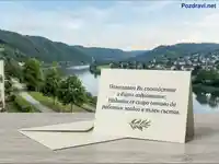 Поздравителна картичка с пожелание за оздравяване на фона на живописен речен пейзаж.