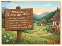 Пожелание за бързо оздравяване: Уютен есенен пейзаж с билков чай и послание за здраве.