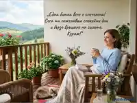 Спокойствие на балкон с планинска гледка, жена с кафе и окуражително послание.