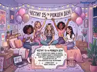 15-ти рожден ден: Щастливи приятелки празнуват в уютна стая с балони и торта.