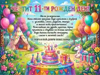 Честит 11-ти рожден ден! Магическа картичка с еднорог, торта и пожелания за момиче.