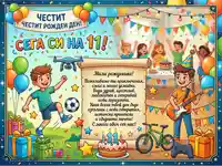 Честит 11-ти рожден ден! Весела картичка с момчета, подаръци и пожелания.