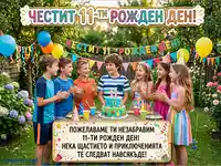 Честит 11-ти рожден ден! Весело детско парти на открито с торта и приятели.
