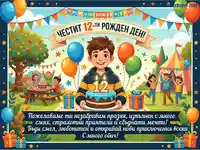 Честит 12-ти рожден ден! Весела картичка с момче, торта и приятели на празник.