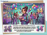 Честит 14-ти рожден ден! Картичка с празнуващи тийнейджъри, торта, балони и пожелания. Ярки цветове.