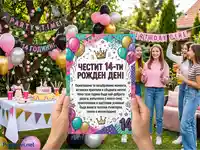 Честит 14-ти рожден ден! Момичета празнуват на открито с торта и картичка.