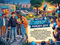 Честит 15-ти рожден ден! Весело парти с приятели, музика и скейтборд в градски парк.