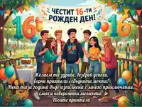 Честит 16-ти рожден ден! Весело празненство с приятели в парка, пълно с усмивки и пожелания.