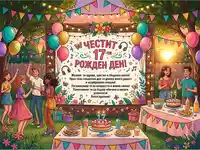 Честит 17-ти рожден ден! Весело парти на открито с приятели, торта и пожелания.