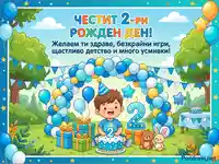 Честит 2-ри рожден ден! Весела детска картичка с момченце, торта, балони и подаръци в парка.