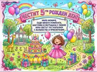 Честит 5-ти рожден ден! Весела картичка с фея, торта и подаръци за малко момиче.