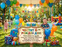 Честит 6-ти рожден ден! Весело детско парти на открито с торта, балони и щастливи деца.