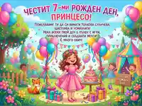 Честит 7-ми рожден ден, принцесо! Весела картичка с момиче, торта, балони и подаръци за празник.