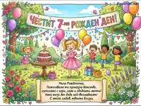 Честит 7-ми рожден ден! Весело детско парти с торта, балони и щастливи приятели в градината.